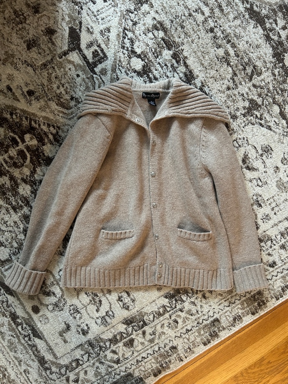 Lambs Wool Oatmeal Knit Cardigan with Ribbed Collar